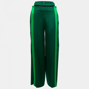 Pre Owned Valentino Green Crepe Pleated Stripe Cutout Detail Track Pants S