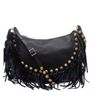 Pre Owned Valentino Black Leather C Rockee Studded Fringe Hobo