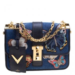 Pre Owned Valentino Blue Denim Butterfly B-Rockstud Shoulder Bag