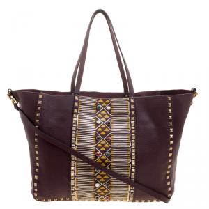 Pre Owned Valentino Burgundy Painted Leather My Rockstud Convertible Tote