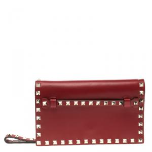 Valentino Burgundy Leather Rockstud Flap Wristlet Clutch