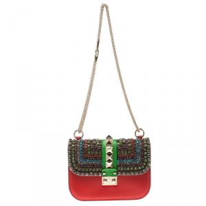 Pre Owned Valentino Multicolor Leather Small Crystal Embellished Glam Lock Shoulder Bag