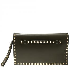 Valentino Olive Green Leather Rockstud Wristlet Clutch