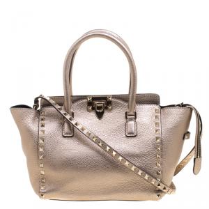 Pre Owned Valentino Metallic Beige Leather Small Rockstud Shopper Tote