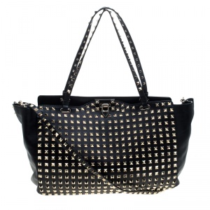 Pre Owned Valentino Black Leather Medium Studded Rockstud Tote