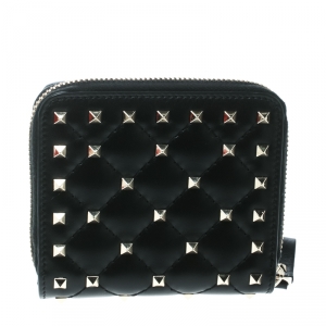 Pre Owned Valentino Black Leather Rockstud Zip Around Flap Wallet
