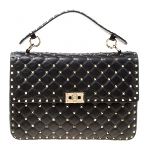 Pre Owned Valentino Black Leather Large Rockstud Top Handle Bag