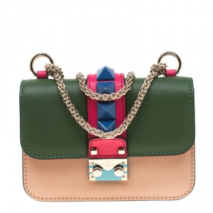 Pre Owned Valentino Multicolor Leather Mini Rockstud Lock Flap Crossbody Bag