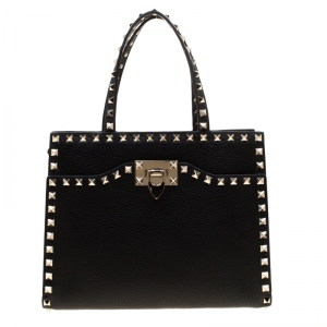 Pre Owned Valentino Black Leather Rockstud Around Top Handle Bag