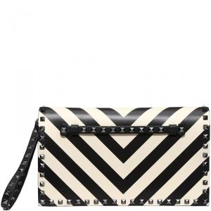 Pre Owned Valentino Light Ivory/Nero Striped Leather Rockstud Wristlet Clutch