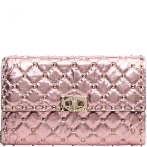 Pre Owned Valentino Lipstick Metallic Quilted Soft Leather Rockstud Spike Chain Clutch Bag