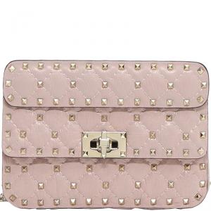 Pre Owned Valentino Water Rose Quilted Soft Crackle Leather Small Rockstud Spike Chain Shoulder Bag