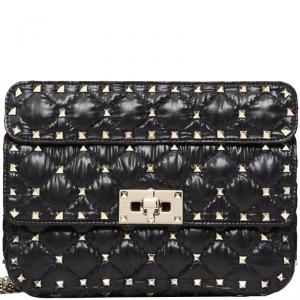 Pre Owned Valentino Black Moncler Quilted Nylon Small Rockstud Spike Chain Shoulder Bag