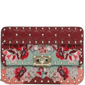 Pre Owned Valentino Multicolor Quilted Leather Embroidered Floral Patch Embellishments Small Rockstud Spike.It Chain Shoulder Bag