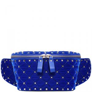 Pre Owned Valentino Acid Bluette Quilted Velvet Rockstud Spike Belt Bag