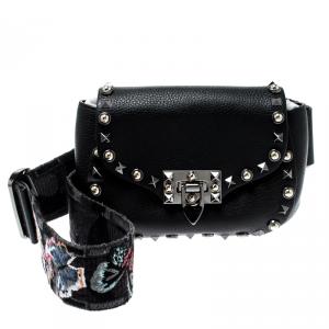 Pre Owned Valentino Black Leather Guitar Rockstud Rolling Belt Bag