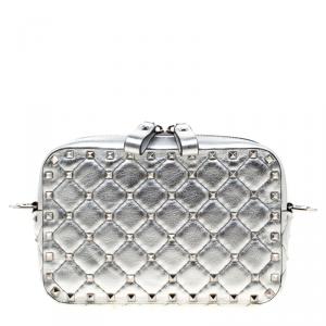 Pre Owned Valentino Silver Soft Leather Rockstud Spike Crossbody Bag