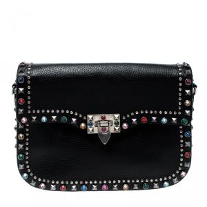 Pre Owned Valentino Black Leather Guitar Rockstud Rolling Crossbody Bag