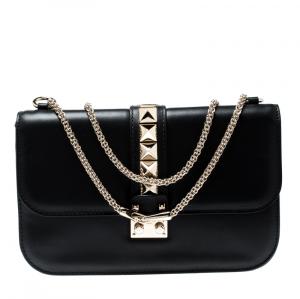 Pre Owned Valentino Black Leather Glam Lock Chain Shoulder Bag
