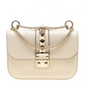 Pre Owned Valentino Light Ivory Leather Small Glam Lock Chain Shoulder Bag