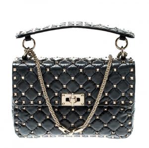 Pre Owned Valentino Black Quilted Coated Fabric Medium Rockstud Spike Chain Shoulder Bag