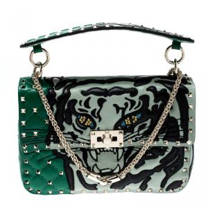 Pre Owned Valentino Multicolor Quilted Leather Tiger Inlay Medium Rockstud Spike Chain Shoulder Bag