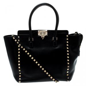 Pre Owned Valentino Black Leather Rockstud Trapeze Double Handle Bag