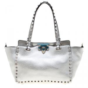Pre Owned Valentino Silver Leather Small Rockstud Trapeze Tote