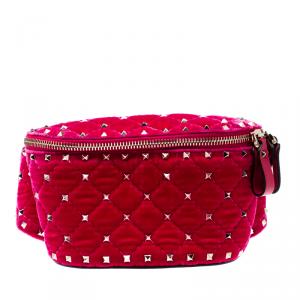 Pre Owned Valentino Disco Pink Quilted Velvet Rockstud Spike Belt Bag