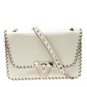 Pre Owned Valentino Light Ivory Soft Leather Small Demilune Shoulder Bag