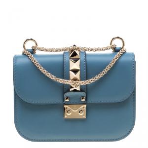 Pre Owned Valentino Grey Sky Leather Small Glam Lock Chain Shoulder Bag