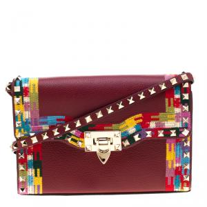 Pre Owned Valentino Al Campione/Rubino Leather Colour Embroidered Rockstud Shoulder Bag