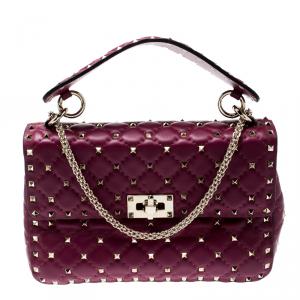 Pre Owned Valentino Camelia Metallic Quilted Soft Leather Medium Rockstud Spike Chain Shoulder Bag