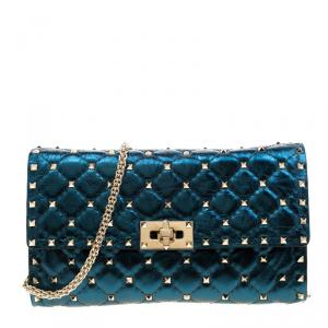 Pre Owned Valentino Peacock Metallic Quilted Soft Leather Rockstud Spike Chain Clutch Bag