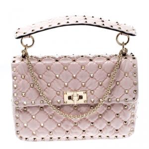 Pre Owned Valentino Water Rose Quilted Coated Fabric Medium Rockstud Spike Chain Shoulder Bag