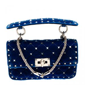 Pre Owned Valentino Acid Bluette Quilted Velvet Rockstud Spike Chain Shoulder Bag