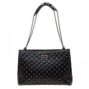 Pre Owned Valentino Black Quilted Crackled Leather Rockstud Spike Tote