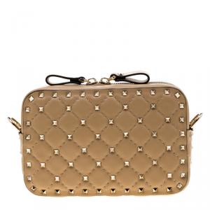 Pre Owned Valentino Camel Rose Quilted Leather Rockstud Spike Crossbody Bag