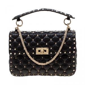 Pre Owned Valentino Black Moncler Quilted Nylon Medium Rockstud Spike Chain Shoulder Bag