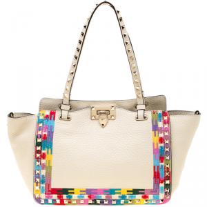 Pre Owned Valentino Al Campione/LightIvory Leather Rockstud Embroidered Tote