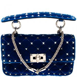 Pre Owned Valentino Acid Bluette Quilted Velvet Rockstud Spike Chain Shoulder Bag