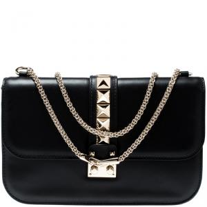 مملوكة مسبقًا Valentino Black Leather Large Glam Lock Chain Shoulder Bag