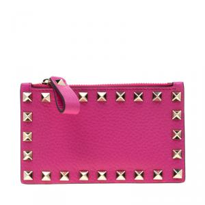 Pre Owned Valentino Pink Orchid Leather Rockstud Zip Wallet