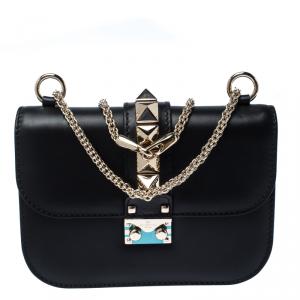 Pre Owned Valentino Black Leather Small Glam Lock Chain Shoulder Bag
