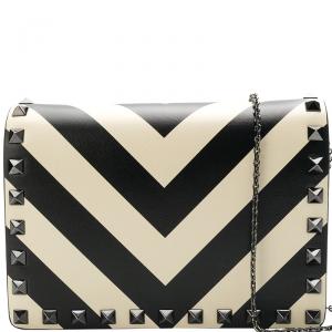 Pre Owned Valentino Light Ivory/Nero Leather V Stripe Mini Rockstud Shoulder Bag