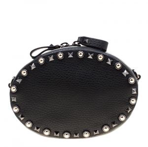 Pre Owned Valentino Black Leather Embroidered Guitar Rockstud Rolling Crossbody Bag
