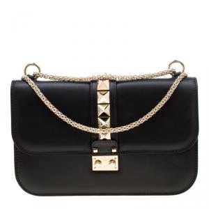 Pre Owned Valentino Black Leather Glam Lock Chain Shoulder Bag