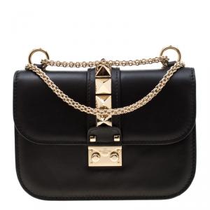 Pre Owned Valentino Black Leather Small Glam Lock Chain Shoulder Bag
