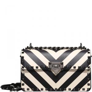 Pre Owned Valentino Light Ivory/Nero Striped Leather Rockstud Sliding Chain Shoulder Bag