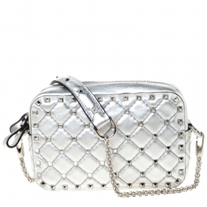 Pre Owned Valentino Silver Soft Leather Rockstud Spike Crossbody Bag